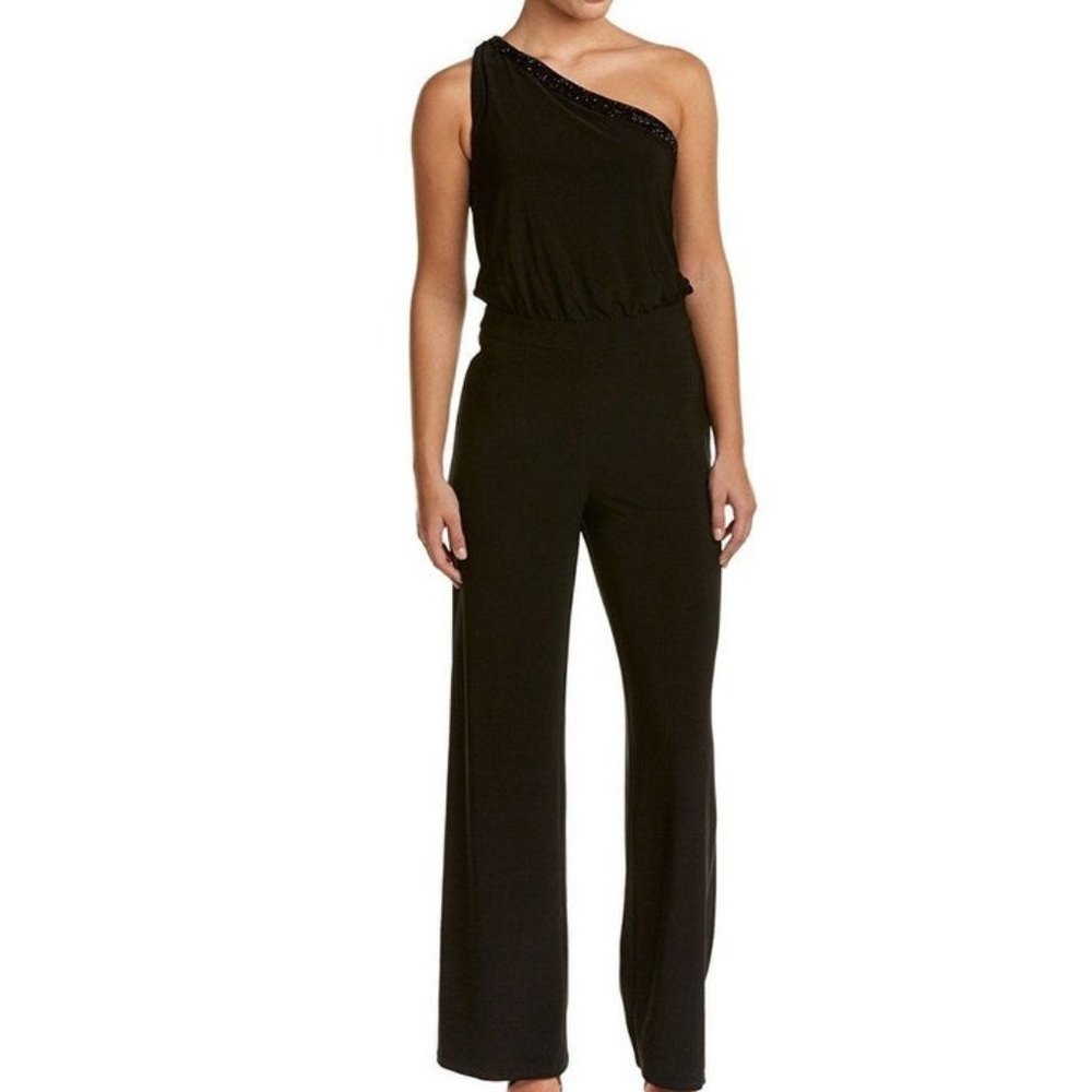 Shelli Segal women's beaded trim spring summer one shoulder jumpsuit